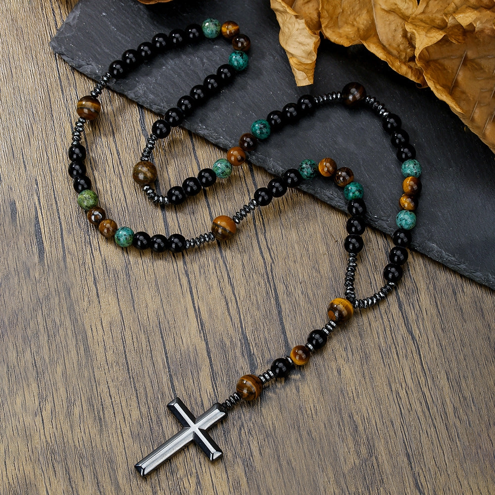 Wholesale Black gallstone yellow tiger eye iron stone cross necklace for men