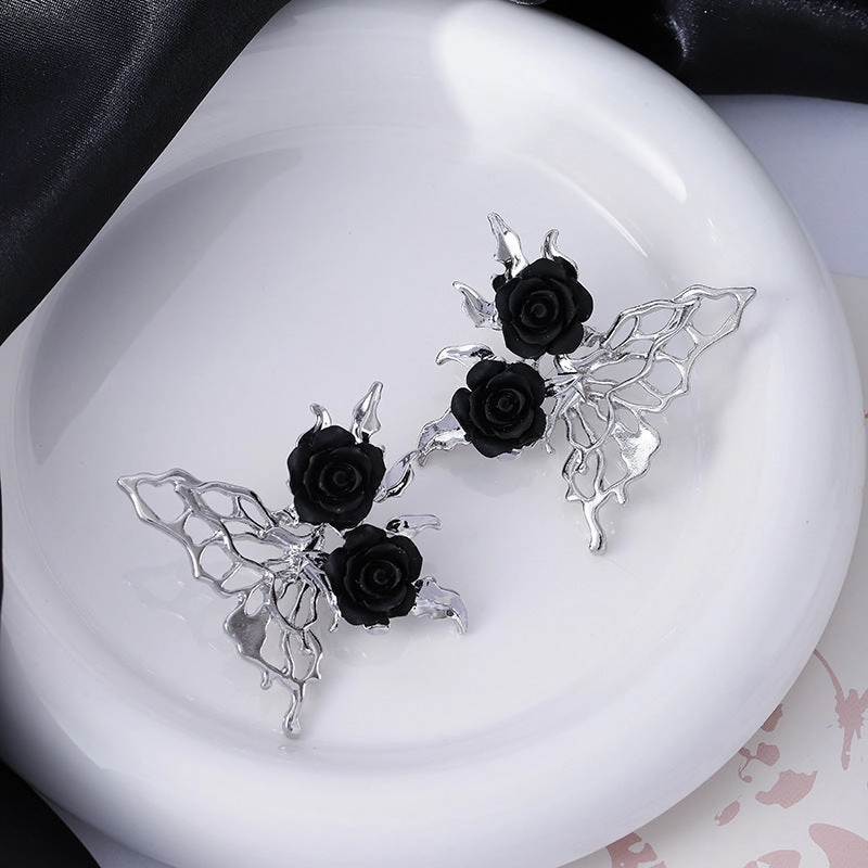 Wholesale Black Rose Dark Gothic Hollow Butterfly Alloy Earrings