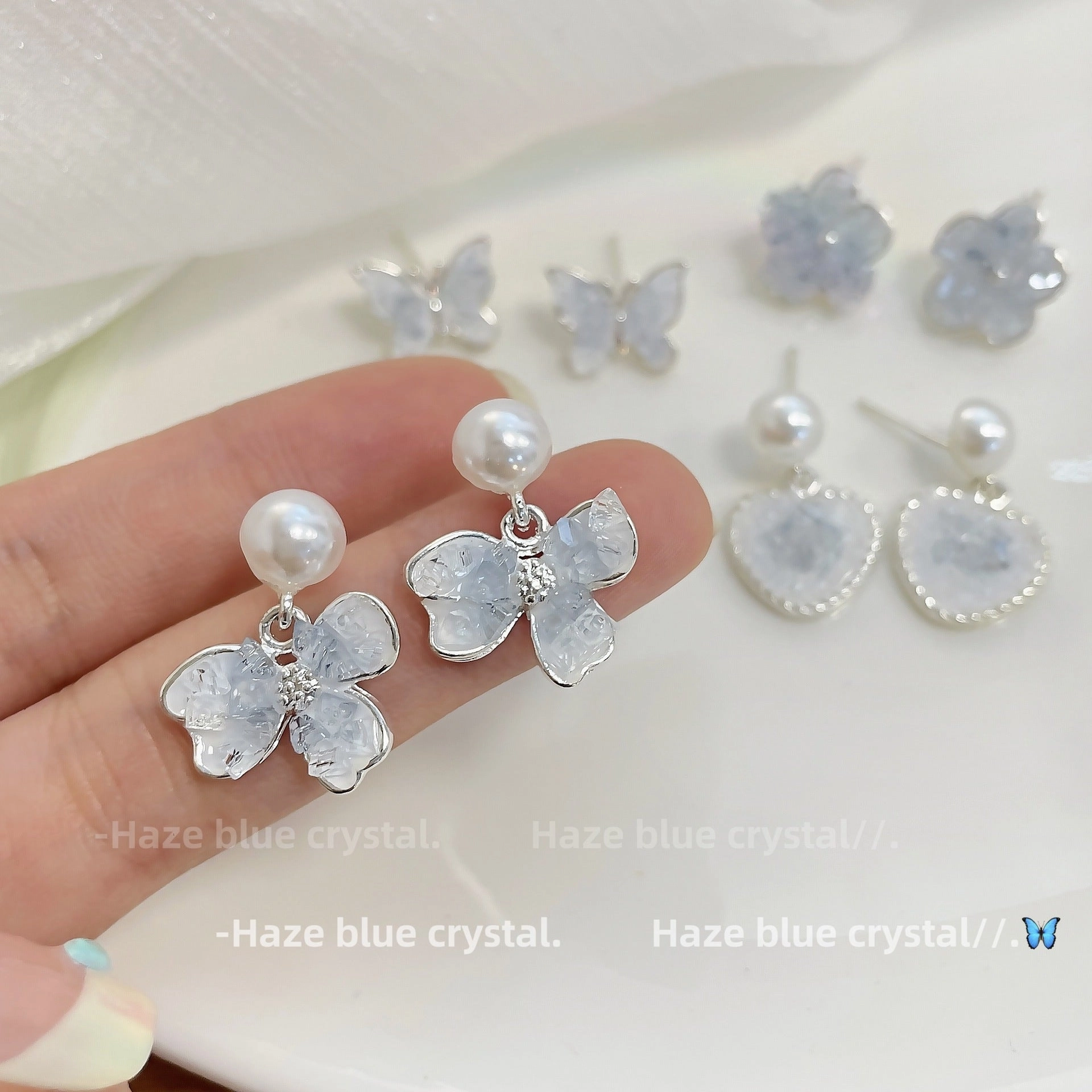 Wholesale Blue Crystal Flower Butterfly Alloy Earrings