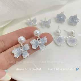 Wholesale Blue Crystal Flower Butterfly Alloy Earrings