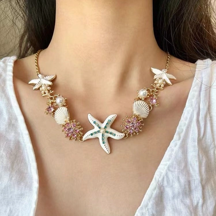 Wholesale Bohemian exaggerated color starfish shell pearl necklace clavicle chain
