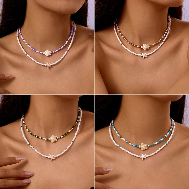 Wholesale Bohemian Starfish Colorful Rice Bead Necklace Set