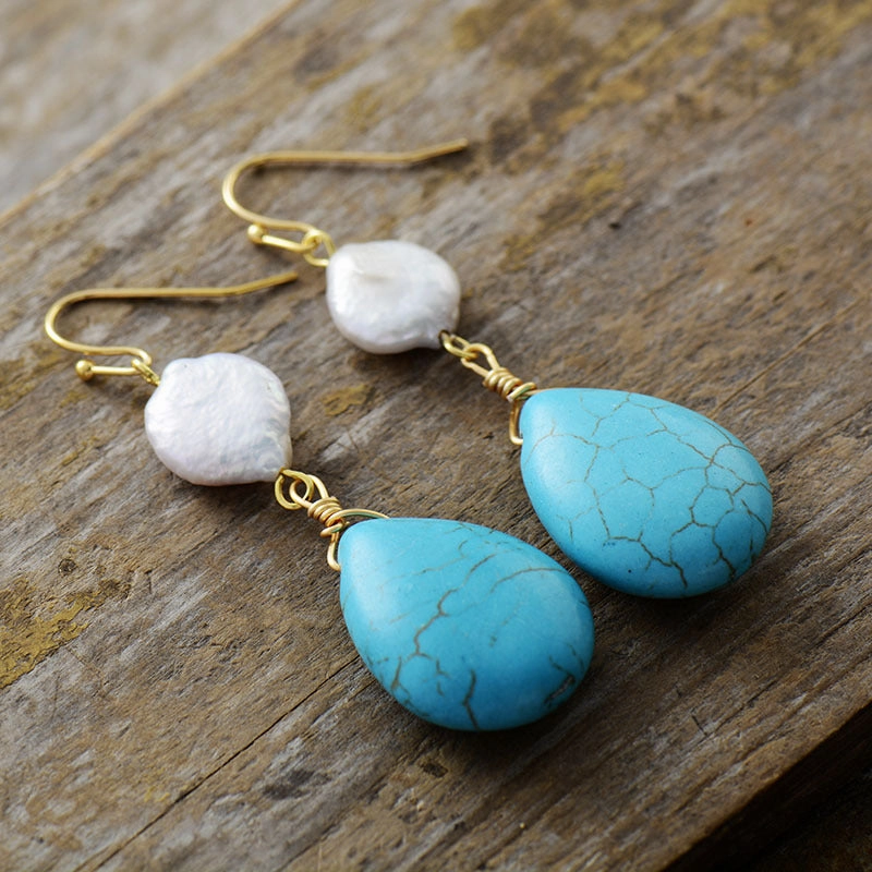 Wholesale Bohemian Turquoise Water Drop Pearl Natural Stone Pendant Earrings