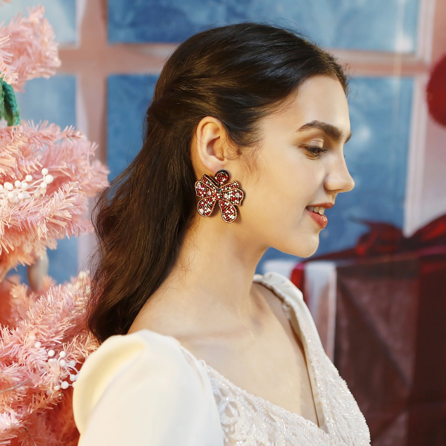 Wholesale Boho Bow Earrings Christmas Hand Woven Rice Beads Earrings