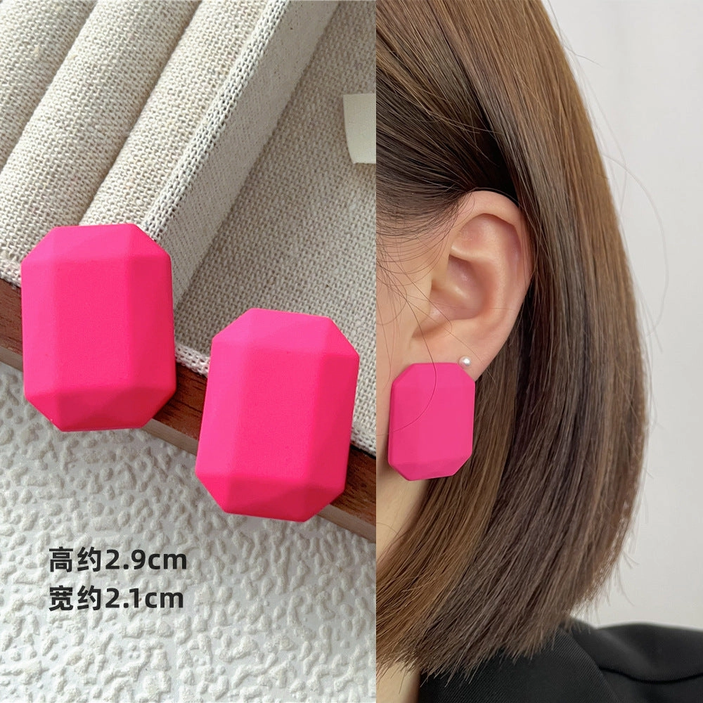 Wholesale Candy Colored Geometric Square Circles C-shaped Rose Red Alloy Earring