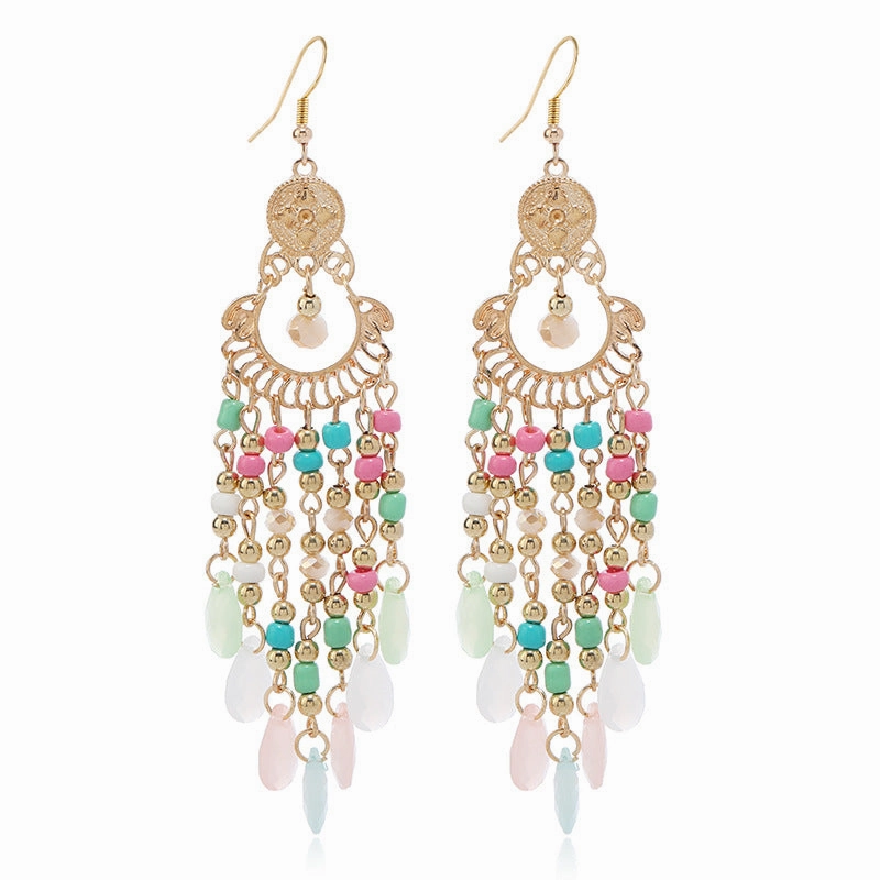 Wholesale Chinese Style Multi-layered Water Drop Rice Beads Tassel Female Creative Retro  Acrylic Earrings