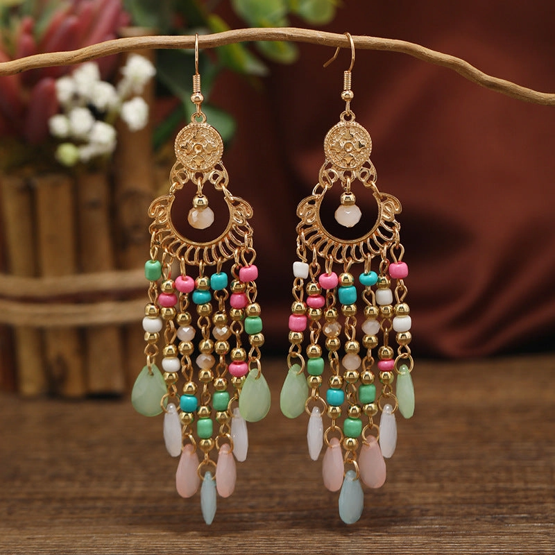 Wholesale Chinese Style Multi-layered Water Drop Rice Beads Tassel Female Creative Retro  Acrylic Earrings