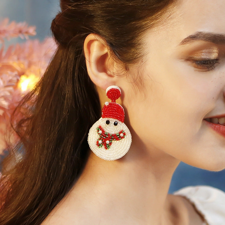 Wholesale Christmas Earrings Little Snowman Cartoon Hand-woven Rice Bead Earrings