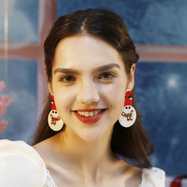 Wholesale Christmas Earrings Little Snowman Cartoon Hand-woven Rice Bead Earrings