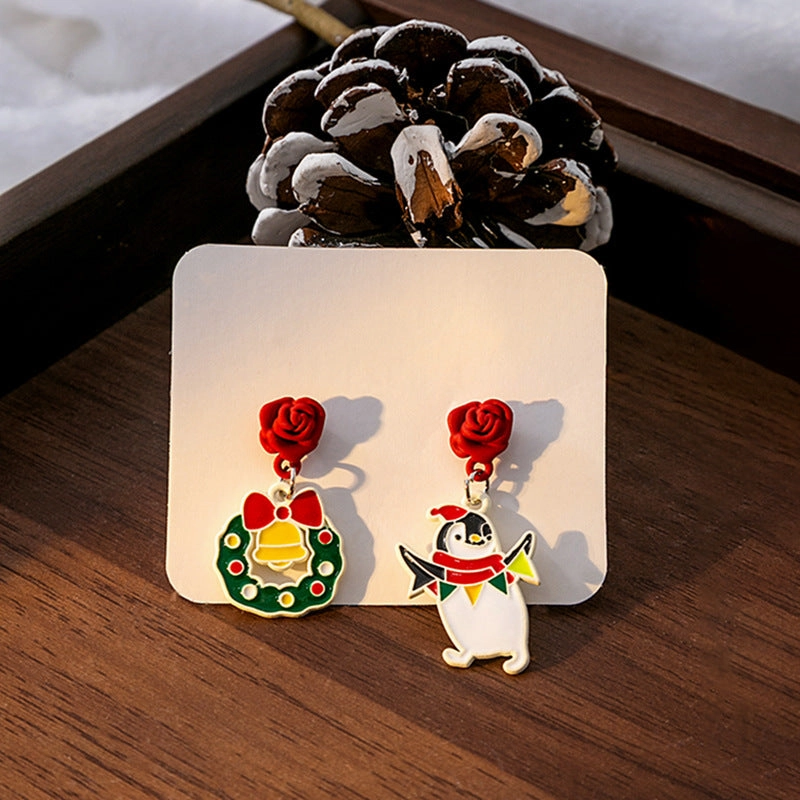 Wholesale Christmas Elk Bell Bow Santa Heart Snowflake Asymmetrical Penguin Earrings