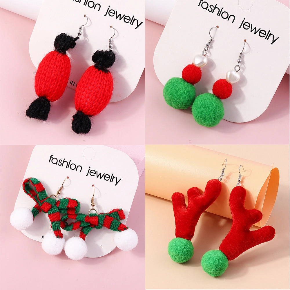 Wholesale Christmas Plush Knitted Antler Bow Earrings