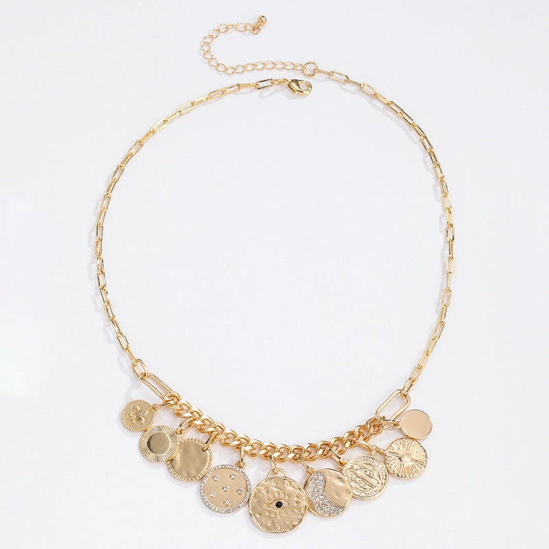 Wholesale Coin Inlaid Diamond Relief Alloy Necklaces