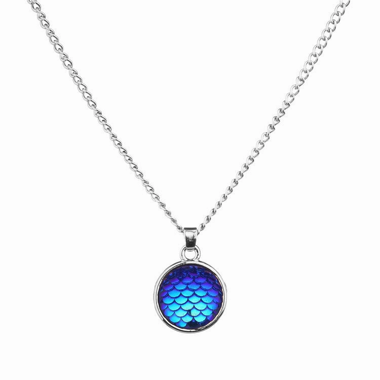 Wholesale Color Mermaid 16mm AB Fish Scale Time Gemstone Alloy Pendant Necklaces