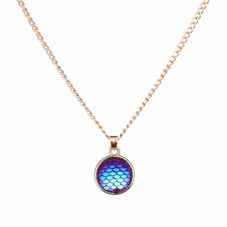 Wholesale Color Mermaid 16mm AB Fish Scale Time Gemstone Alloy Pendant Necklaces
