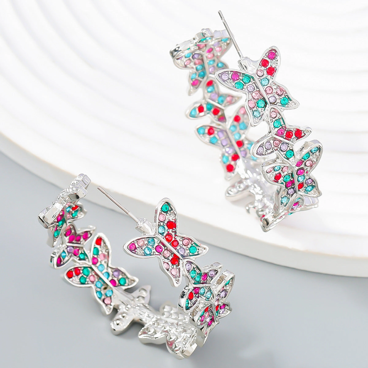 Wholesale Colored Diamond Butterfly Alloy Earrings