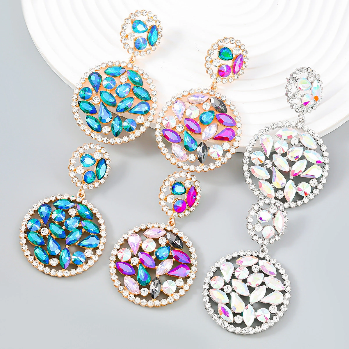 Wholesale Colored Diamond Multilayer Round Alloy Earrings