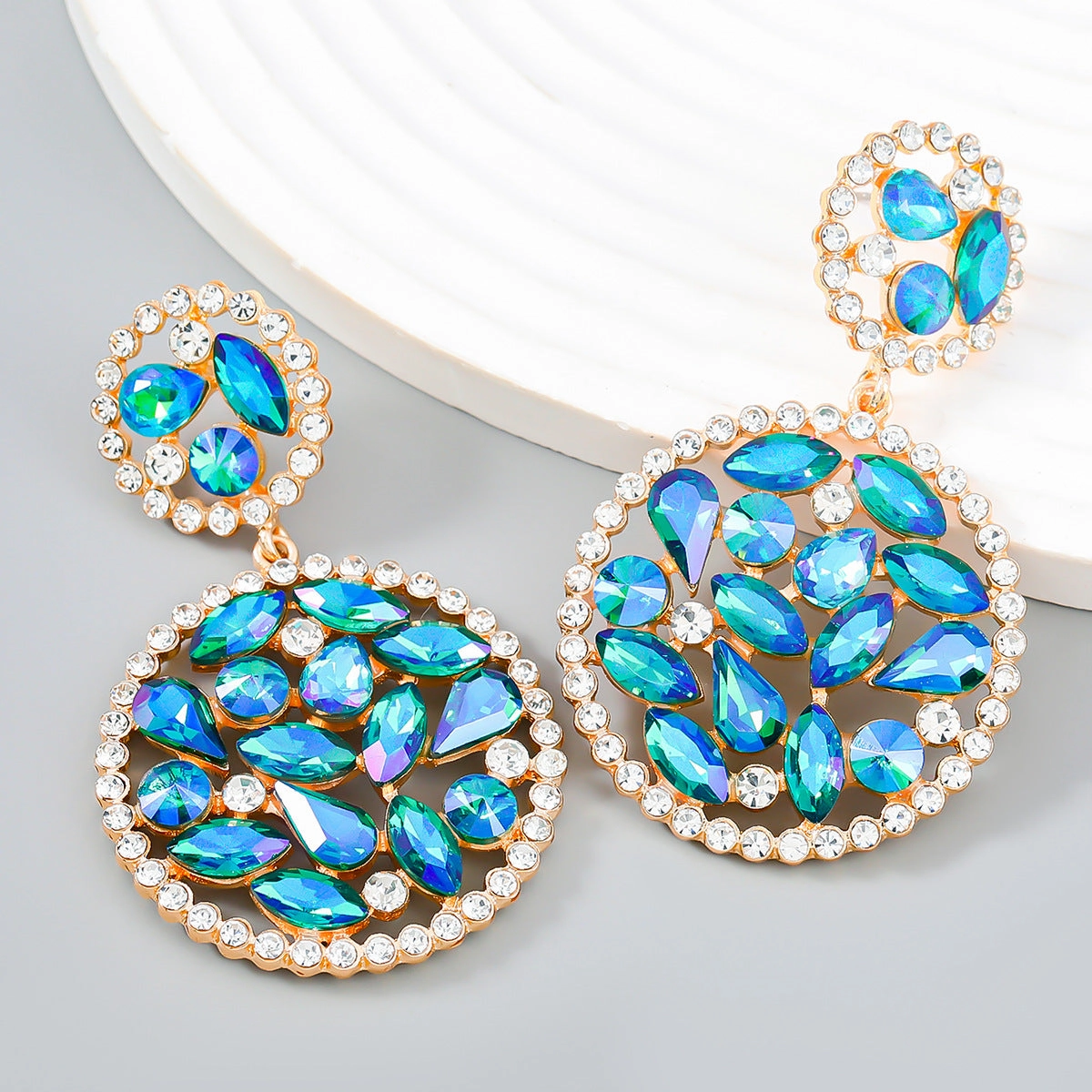 Wholesale Colored Diamond Multilayer Round Alloy Earrings