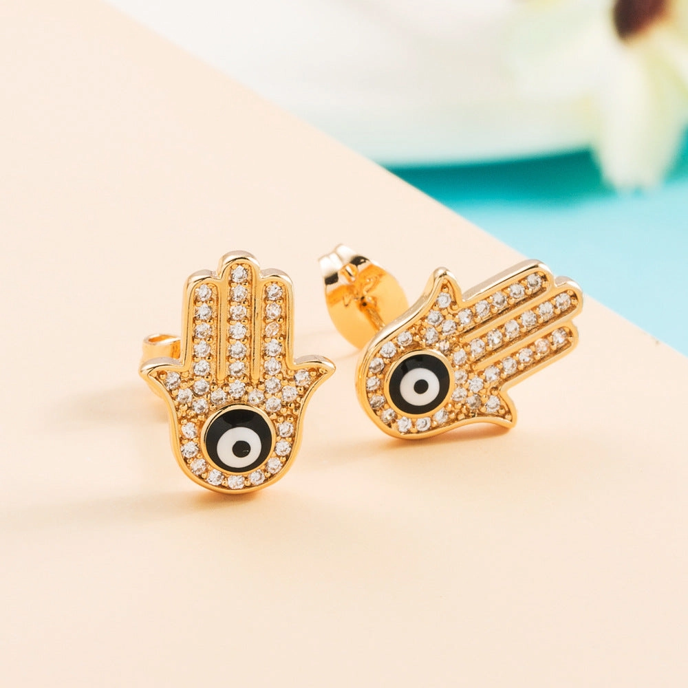 Wholesale Colored Zircon Fatima Hand Palm Demon Eye Earrings