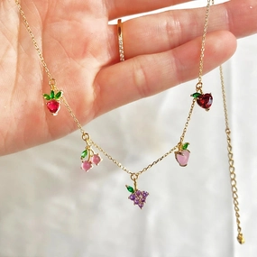 Wholesale Colorful Zircon Cherry Peach Tropical Fruit Copper Necklace