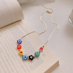 Wholesale Copper Colorful Glass Flower Pendant Necklace