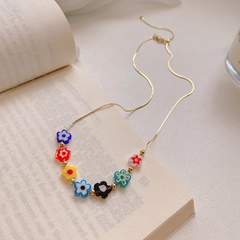 Wholesale Copper Colorful Glass Flower Pendant Necklace
