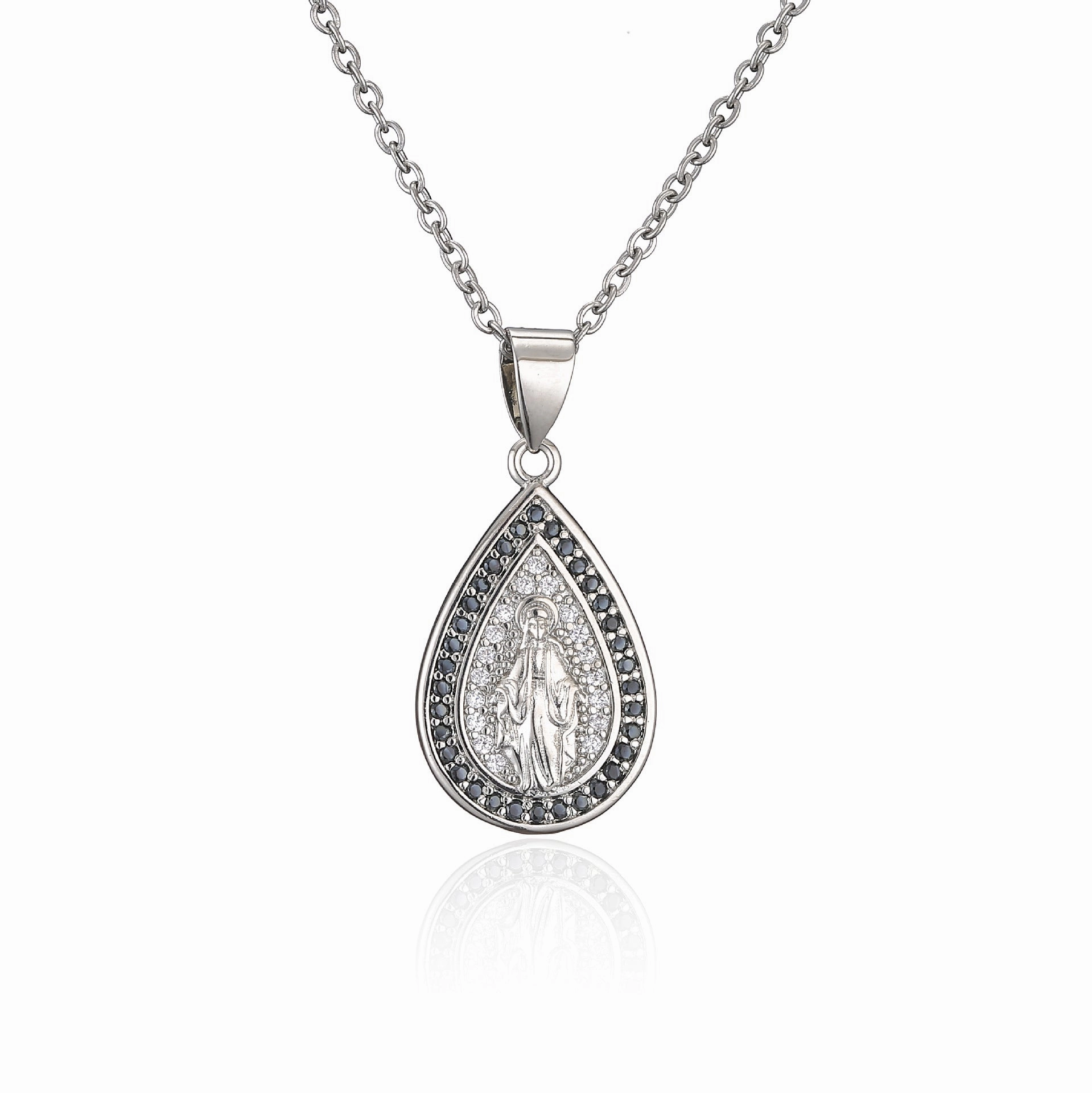 Wholesale Copper Micro-paved Colored Diamond Drop Shaped Virgin Mary Necklace