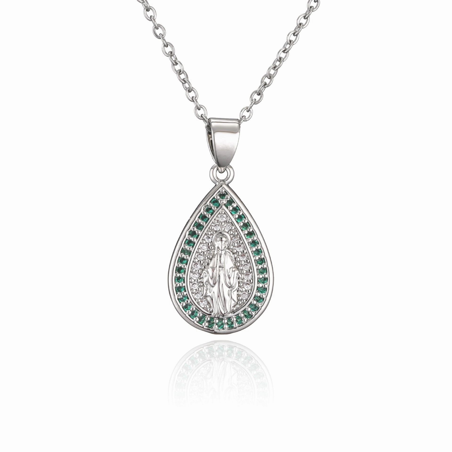 Wholesale Copper Micro-paved Colored Diamond Drop Shaped Virgin Mary Necklace
