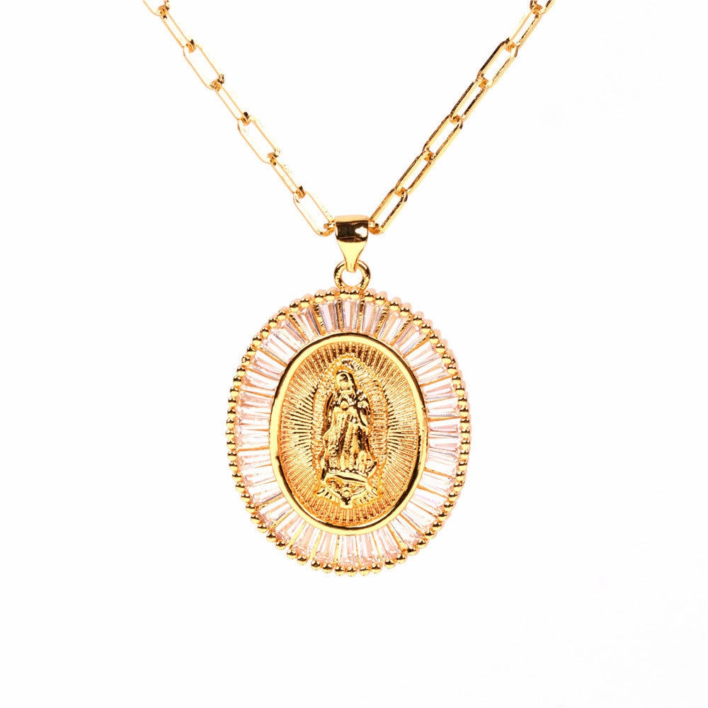 Wholesale Copper Thick Chain Round Card Diamond Creative Necklace