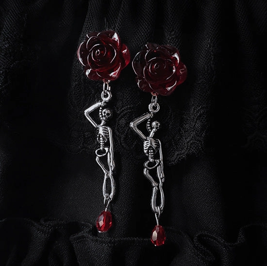 Wholesale Dark Blood Rose Skull Rose Ruby Alloy Earrings
