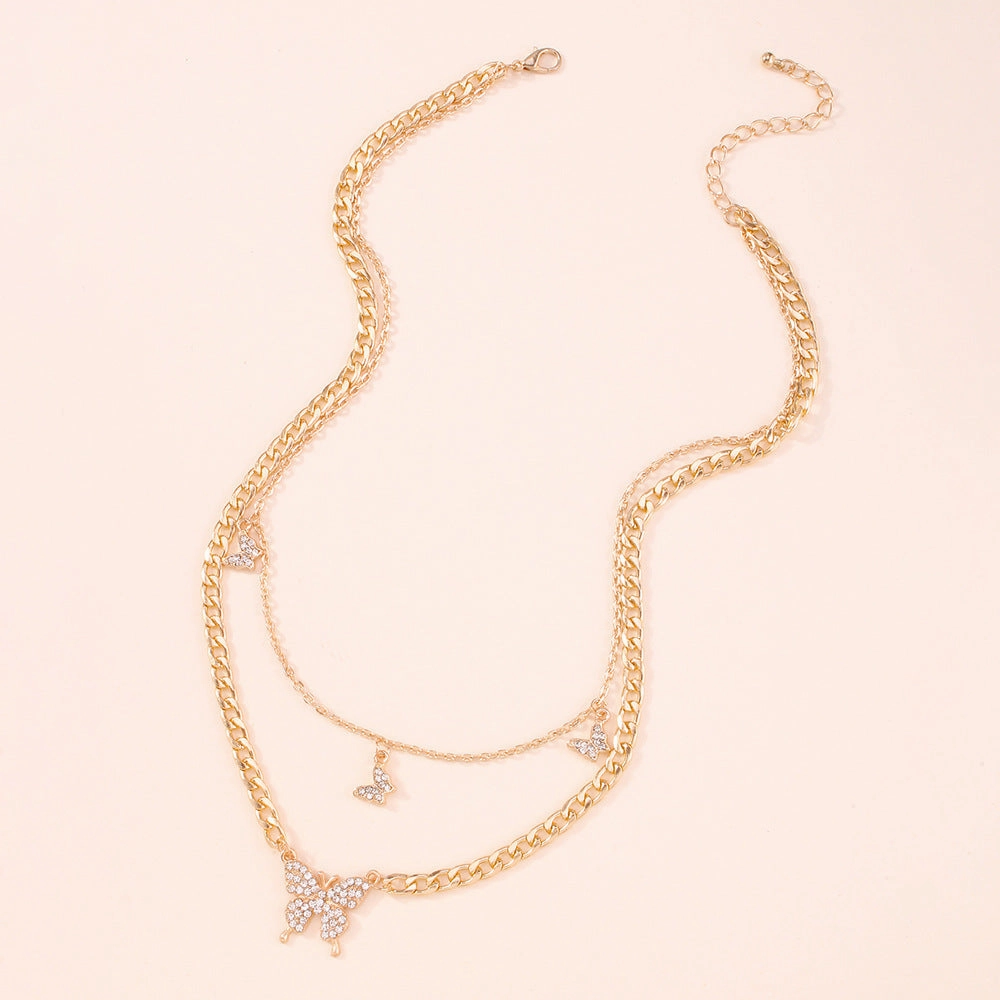 Wholesale Double Layer Butterfly Diamond Creative Necklace