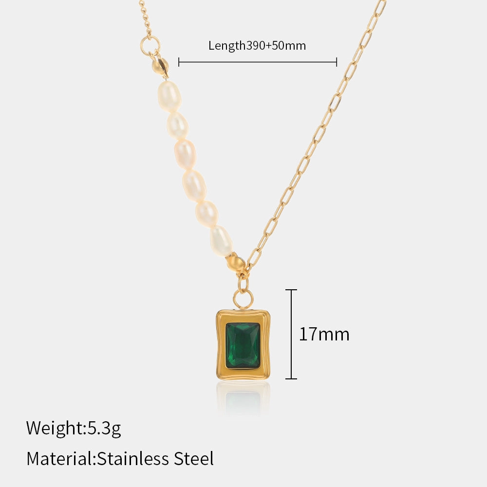 Wholesale Emerald Green Geometric Stainless Steel Pearl Necklace