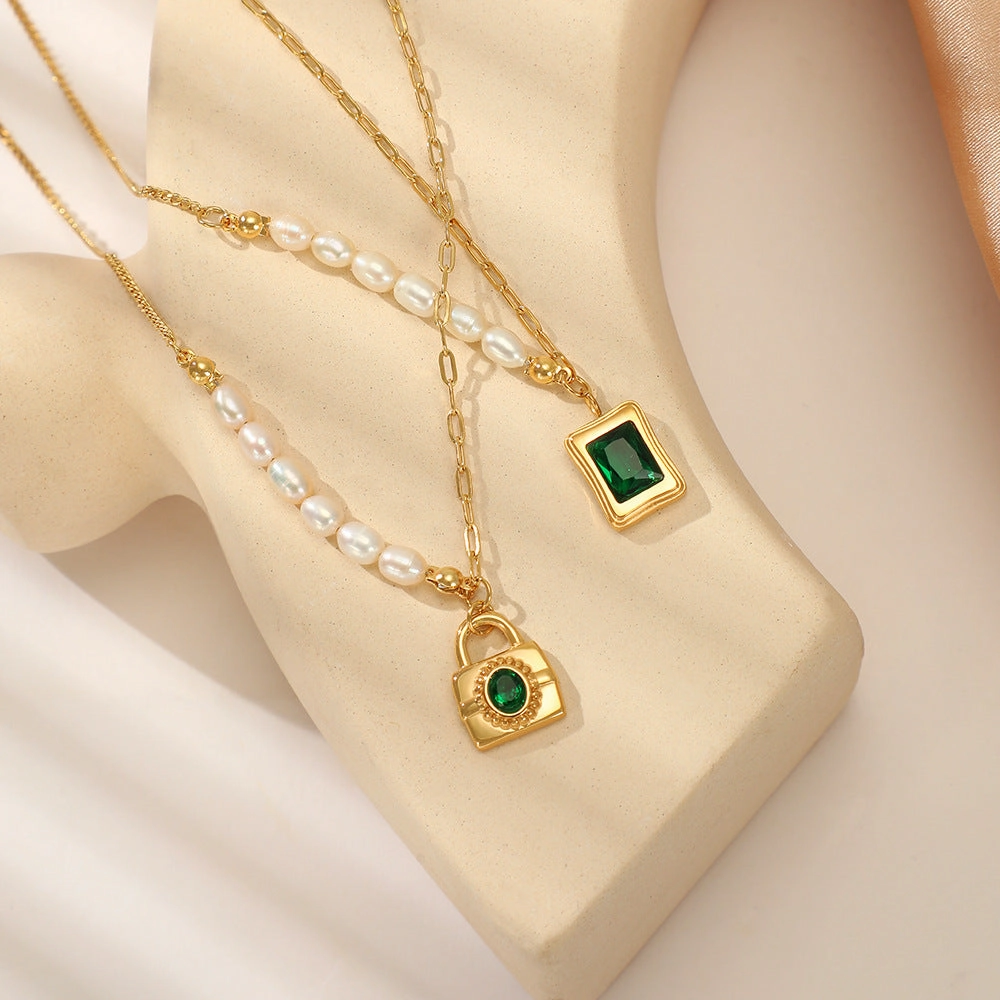 Wholesale Emerald Green Geometric Stainless Steel Pearl Necklace