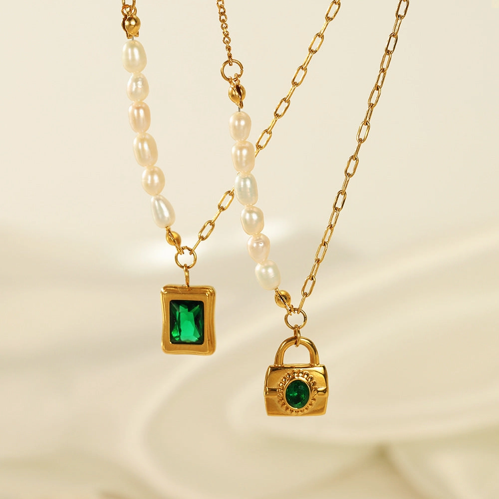 Wholesale Emerald Green Geometric Stainless Steel Pearl Necklace