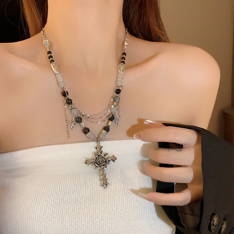 Wholesale Flower Cross Beaded Multi-layer Clavicle Chain Necklace