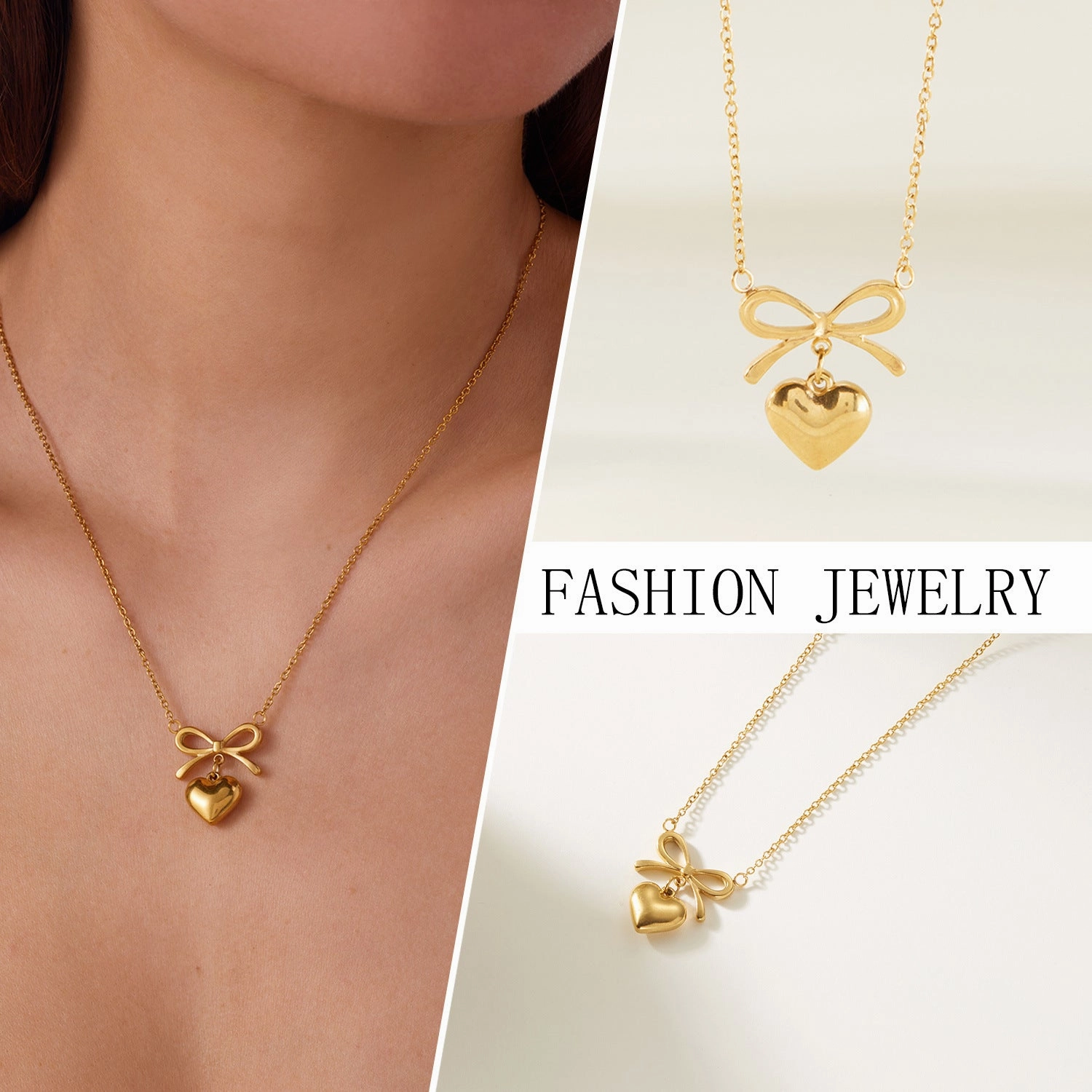 Wholesale Fresh and cute bow heart stainless steel necklace