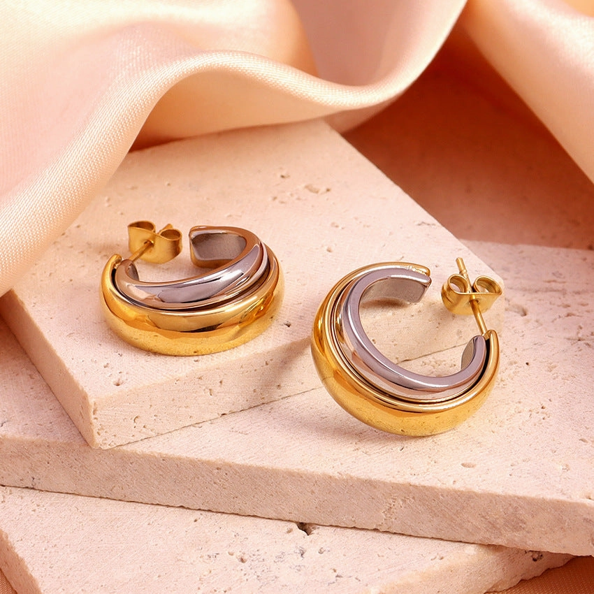 Wholesale Gold and Silver Double Earrings Contrasting Color Earrings 18K Stainless Steel Gold Plated Earrings