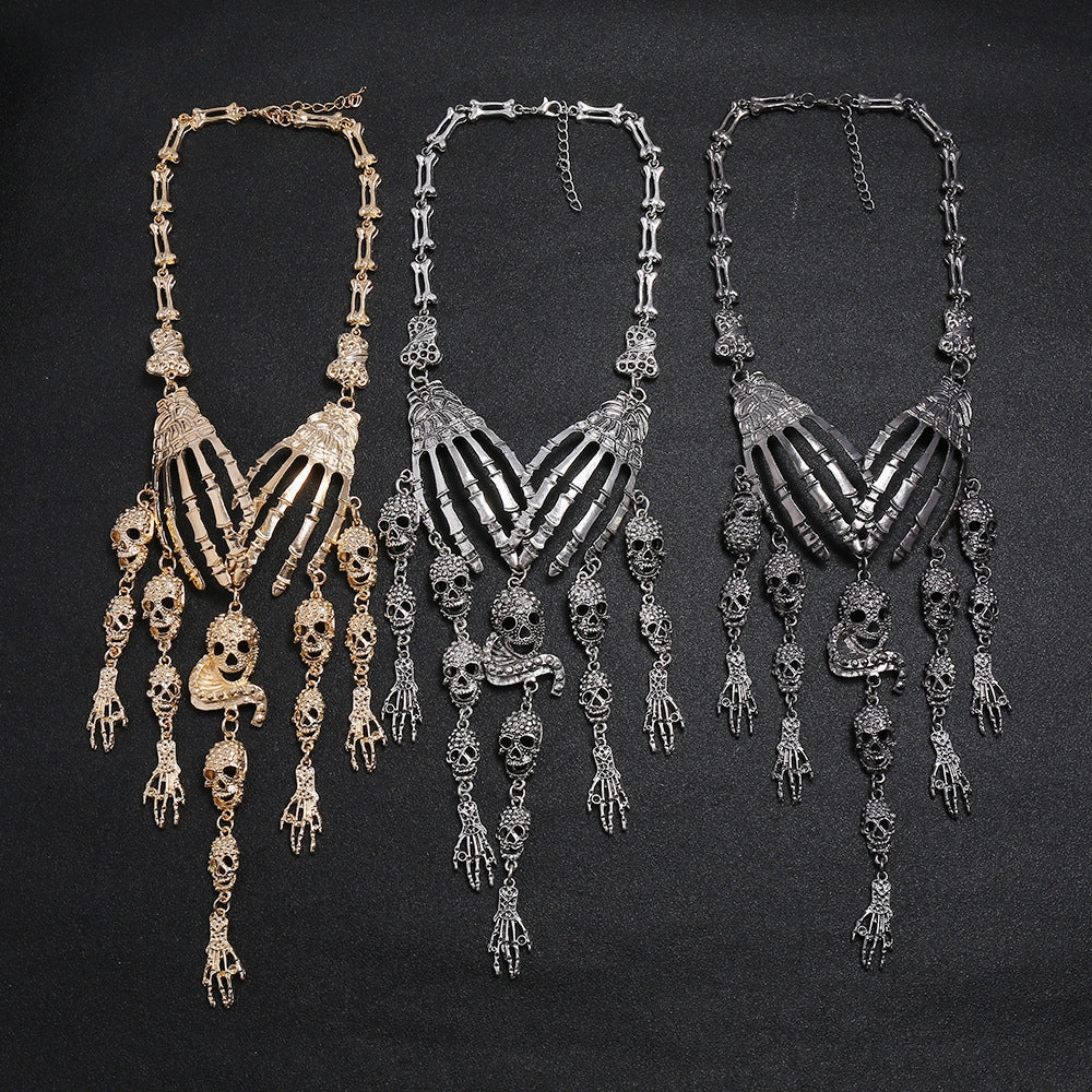 Wholesale Gothic Halloween Exaggerated Ghost Hand Multi-layer Skull Head Alloy Necklace