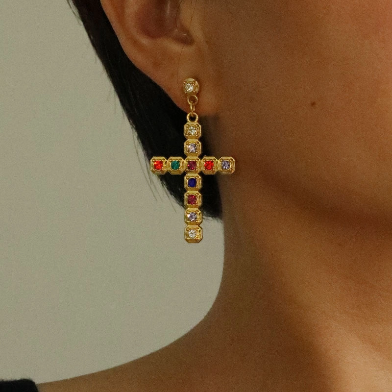 Wholesale Gute Alloy Inlaid Colored Diamond Cross Super Flash Ladies Earrings