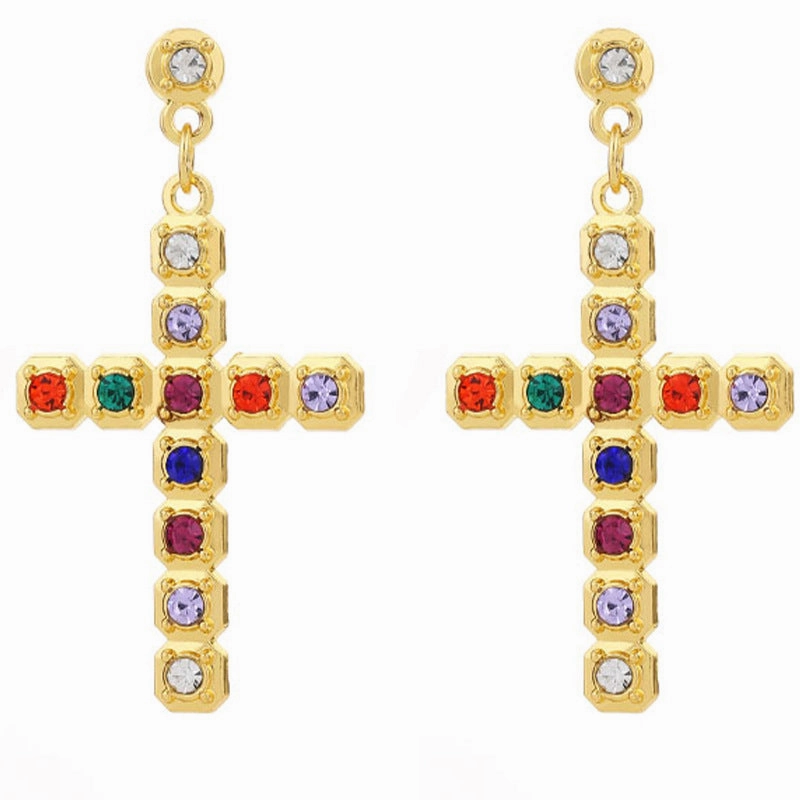 Wholesale Gute Alloy Inlaid Colored Diamond Cross Super Flash Ladies Earrings