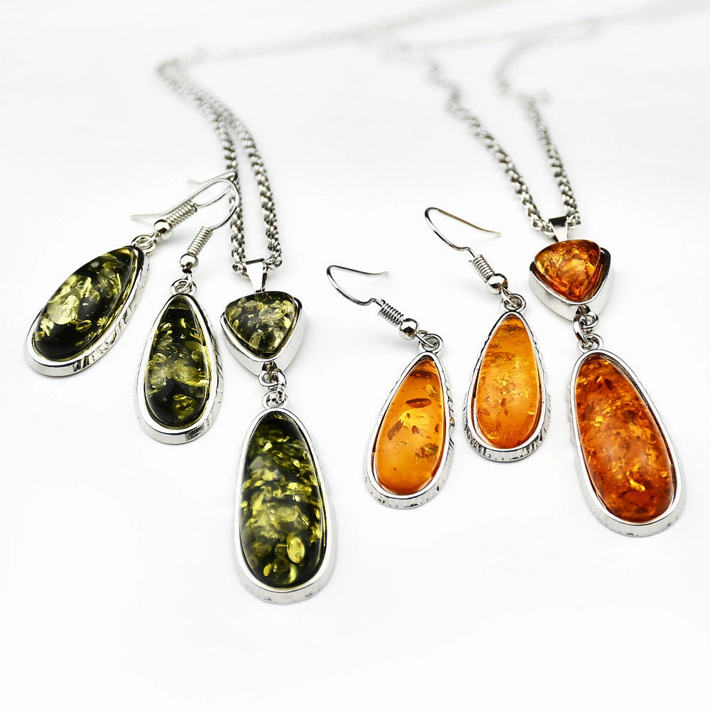Wholesale Imitation Amber Water Drop Alloy Necklace Earrings Set