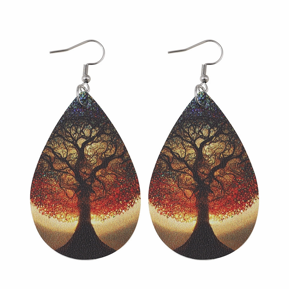 Wholesale Love Tree of Life Water Drop Earrings Double-sided Printed PU Leather Creative Earrings