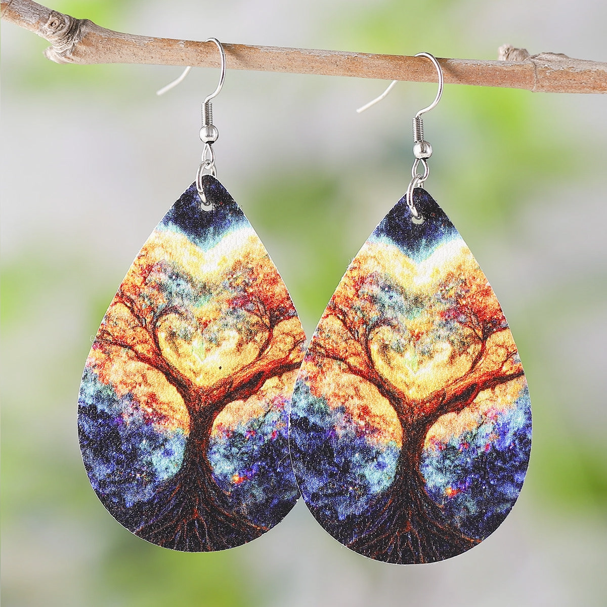 Wholesale Love Tree of Life Water Drop Earrings Double-sided Printed PU Leather Creative Earrings