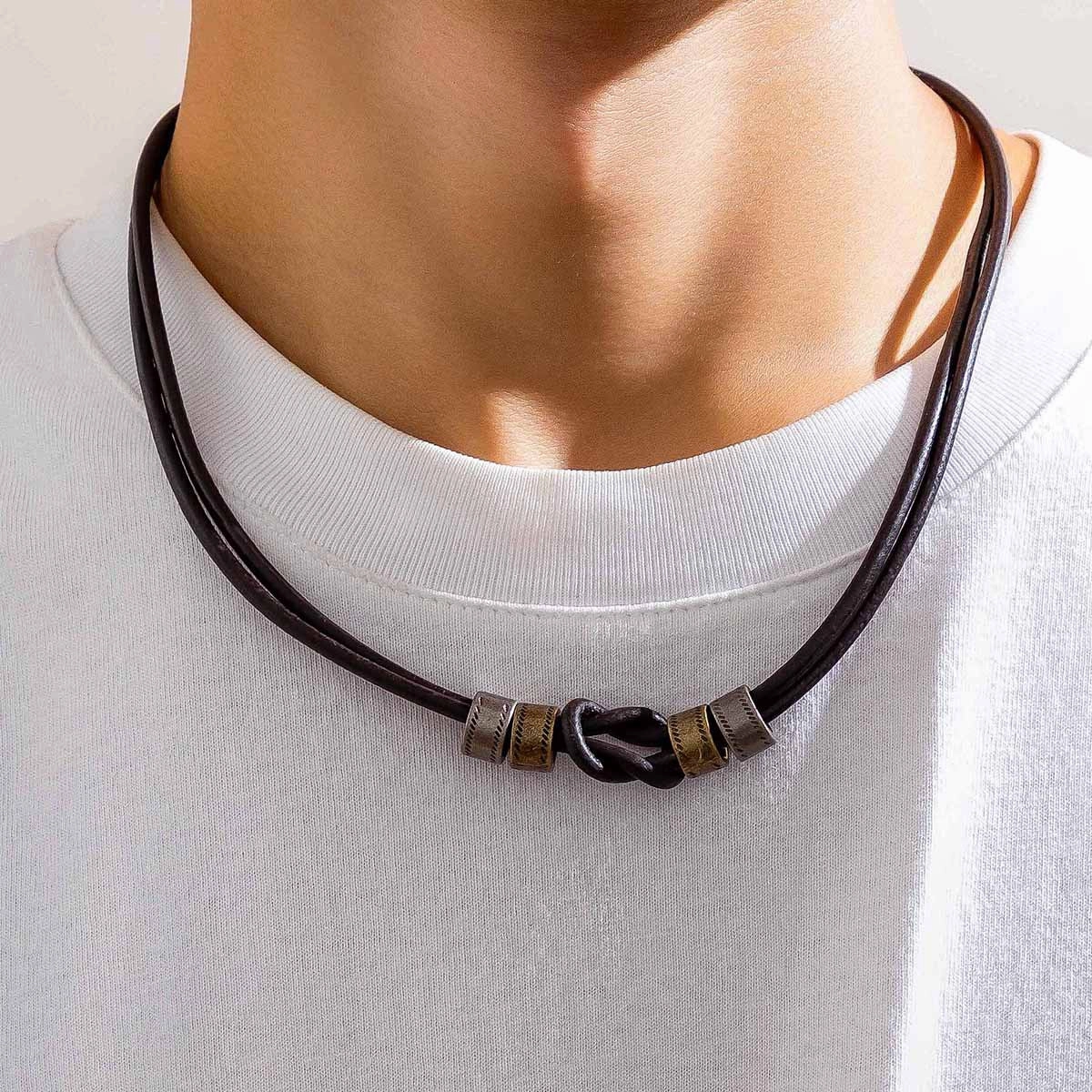 Wholesale Men's leather hoop necklace beaded clavicle necklace