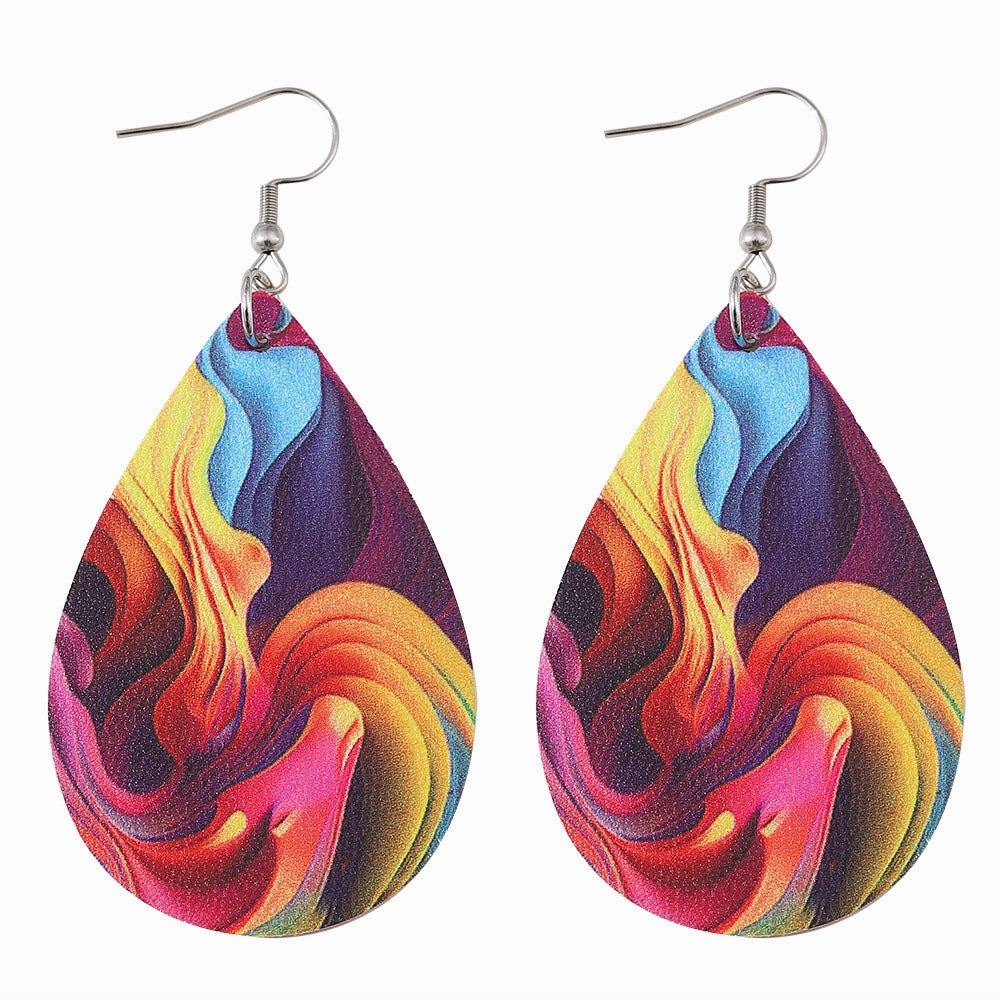 Wholesale mixed color oil painting pattern water drop double sided PU leather women earrings