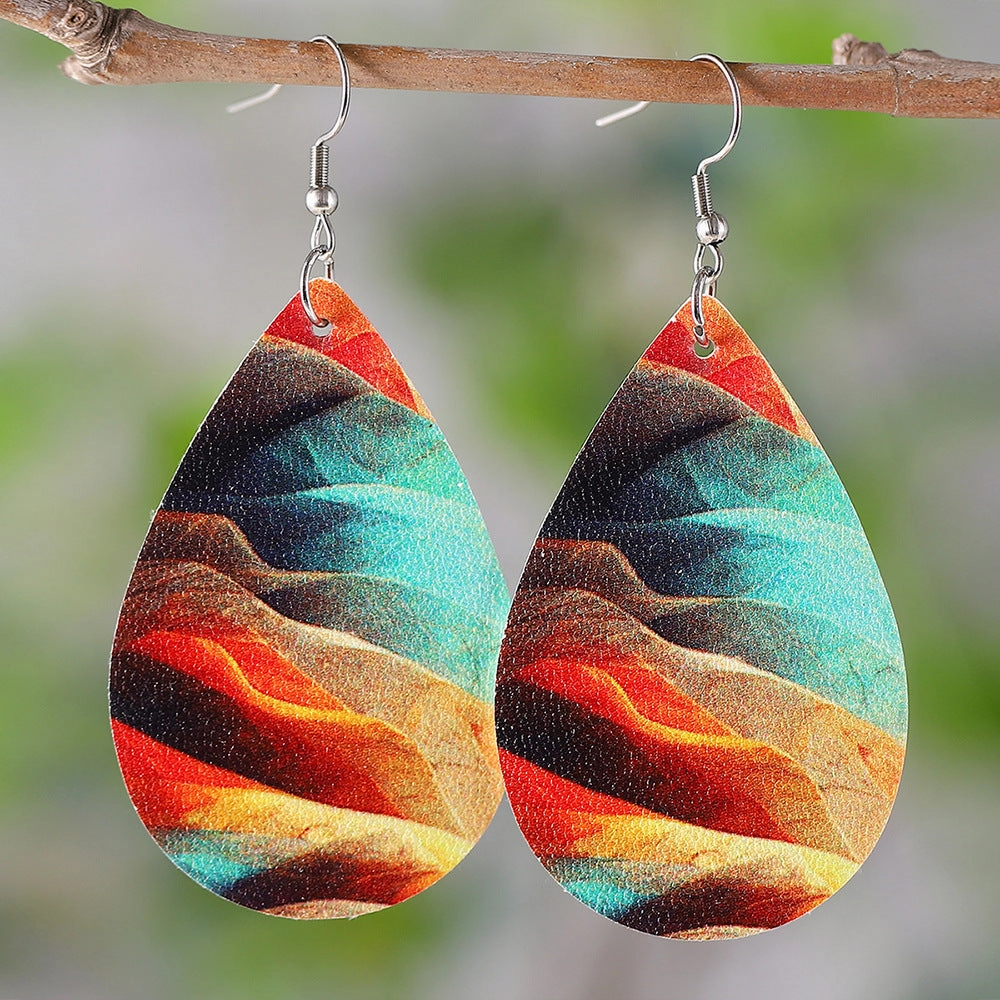 Wholesale mixed color oil painting pattern water drop double sided PU leather women earrings