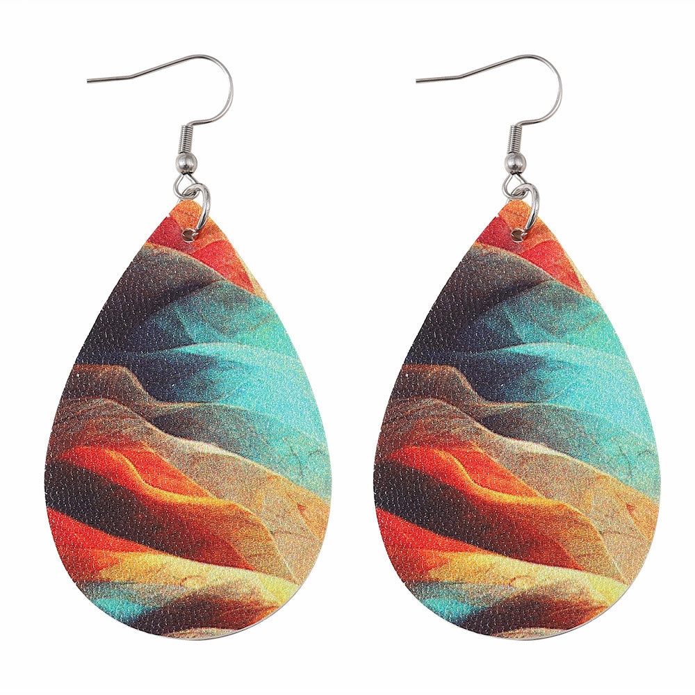 Wholesale mixed color oil painting pattern water drop double sided PU leather women earrings