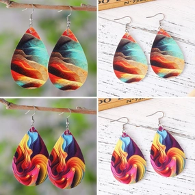 Wholesale mixed color oil painting pattern water drop double sided PU leather women earrings