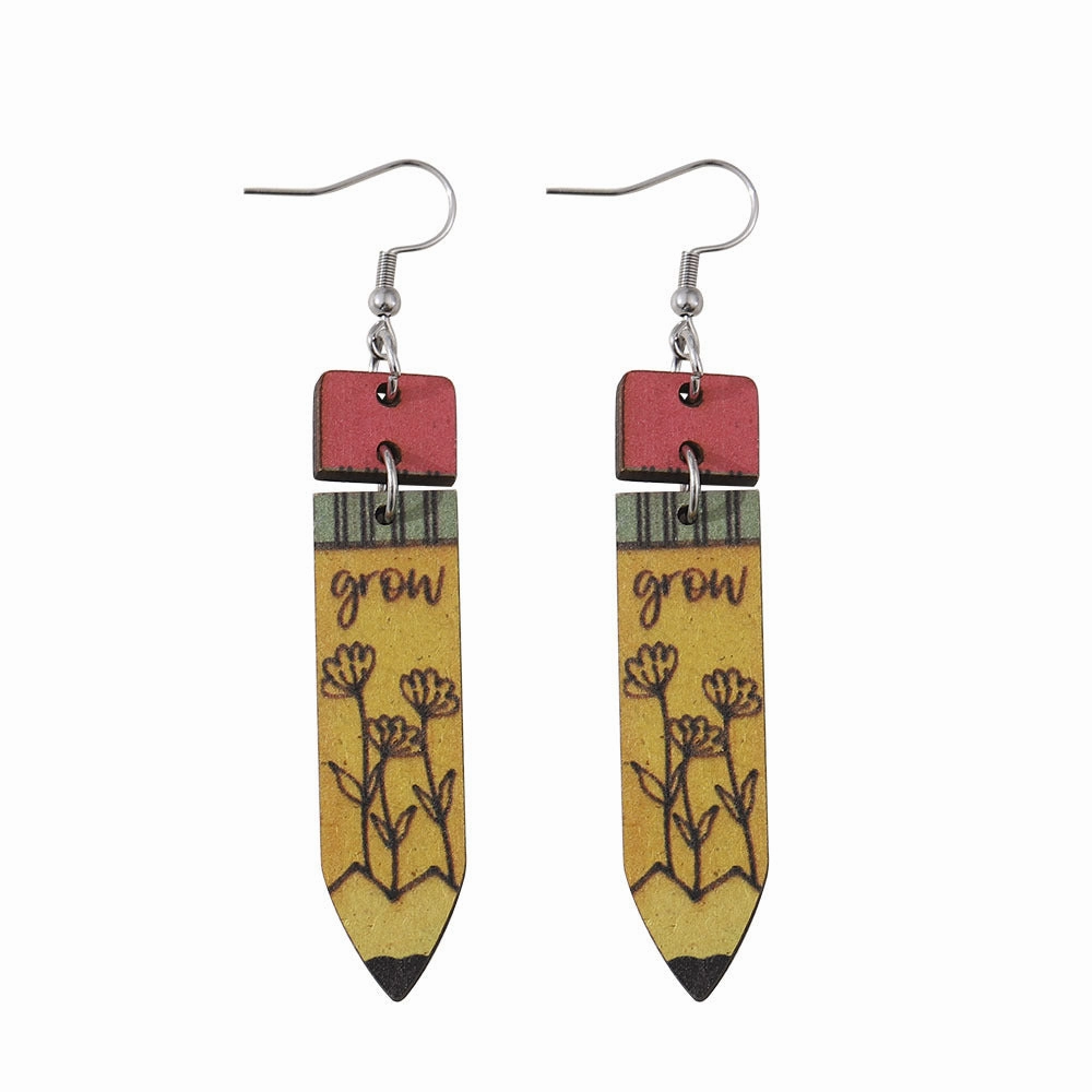 Wholesale Rainbow Pencil Double Sided Wooden Student Teacher Earrings