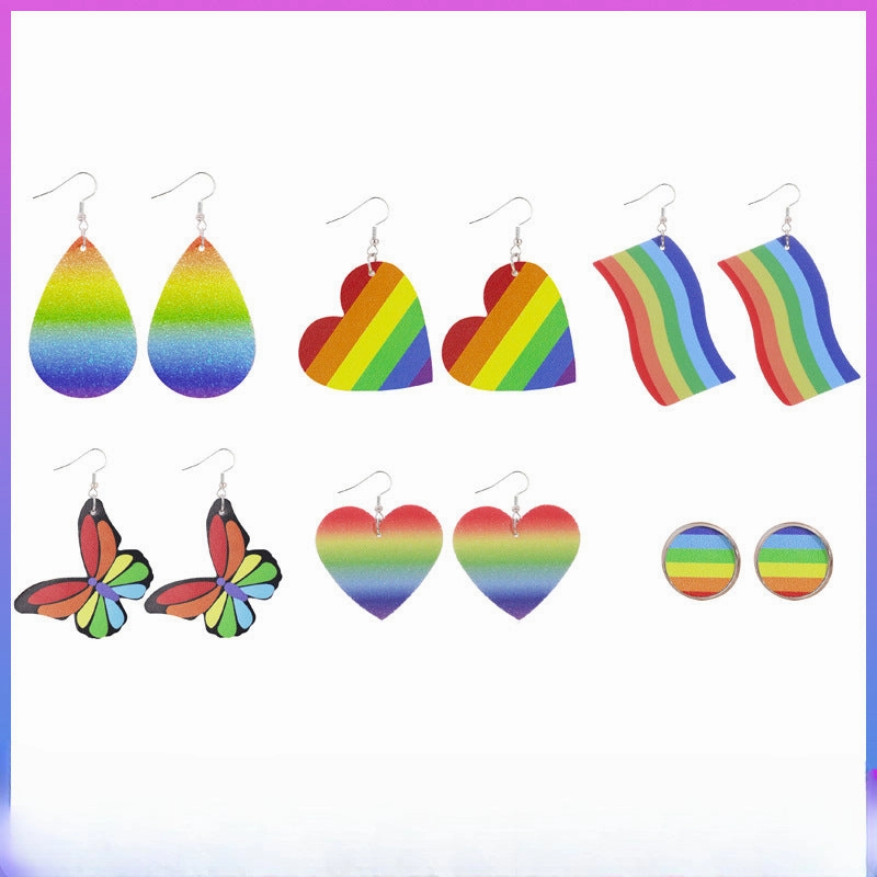 Wholesale Rainbow Stripe Love Butterfly Drop Leather Earrings