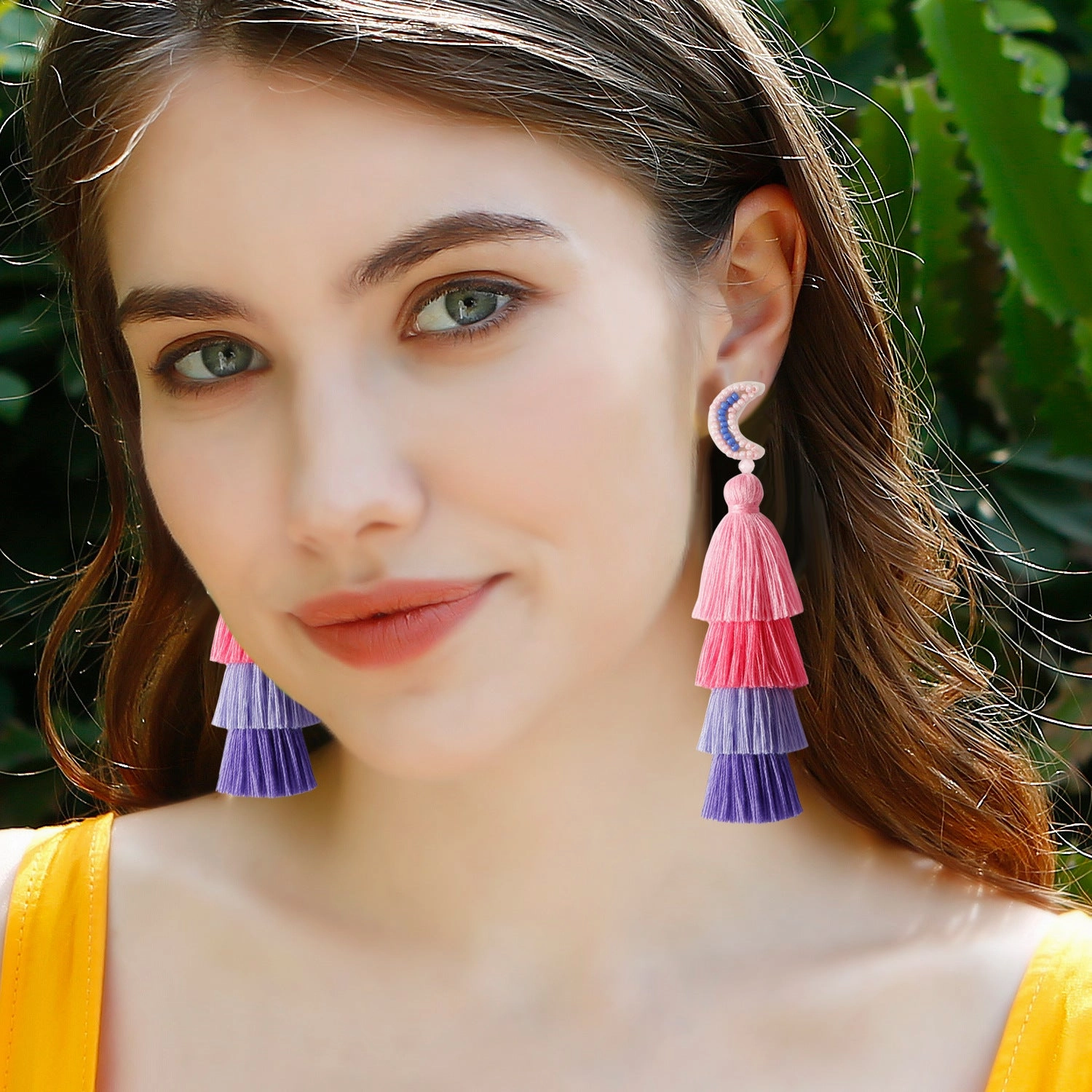 Wholesale Retro Ethnic Style Tassel Earrings Handmade Cotton Thread Rice Beads Braided Star and Moon Asymmetrical Earrings